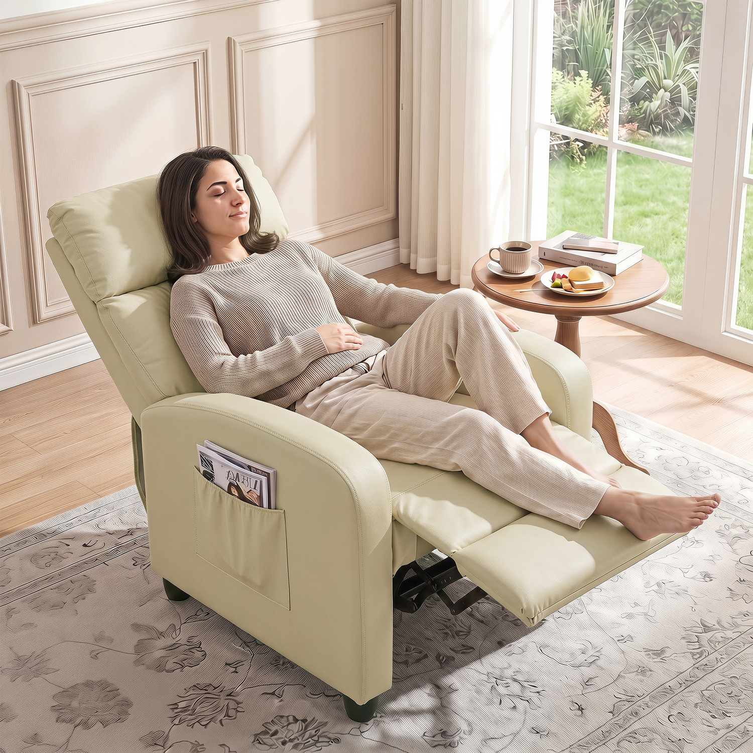 Homcom Cream Recliner Armchair, Massage Faux Leather Push Back Reclining Chair With Adjustable Leg Rest, Side Pocket, White - Image 4