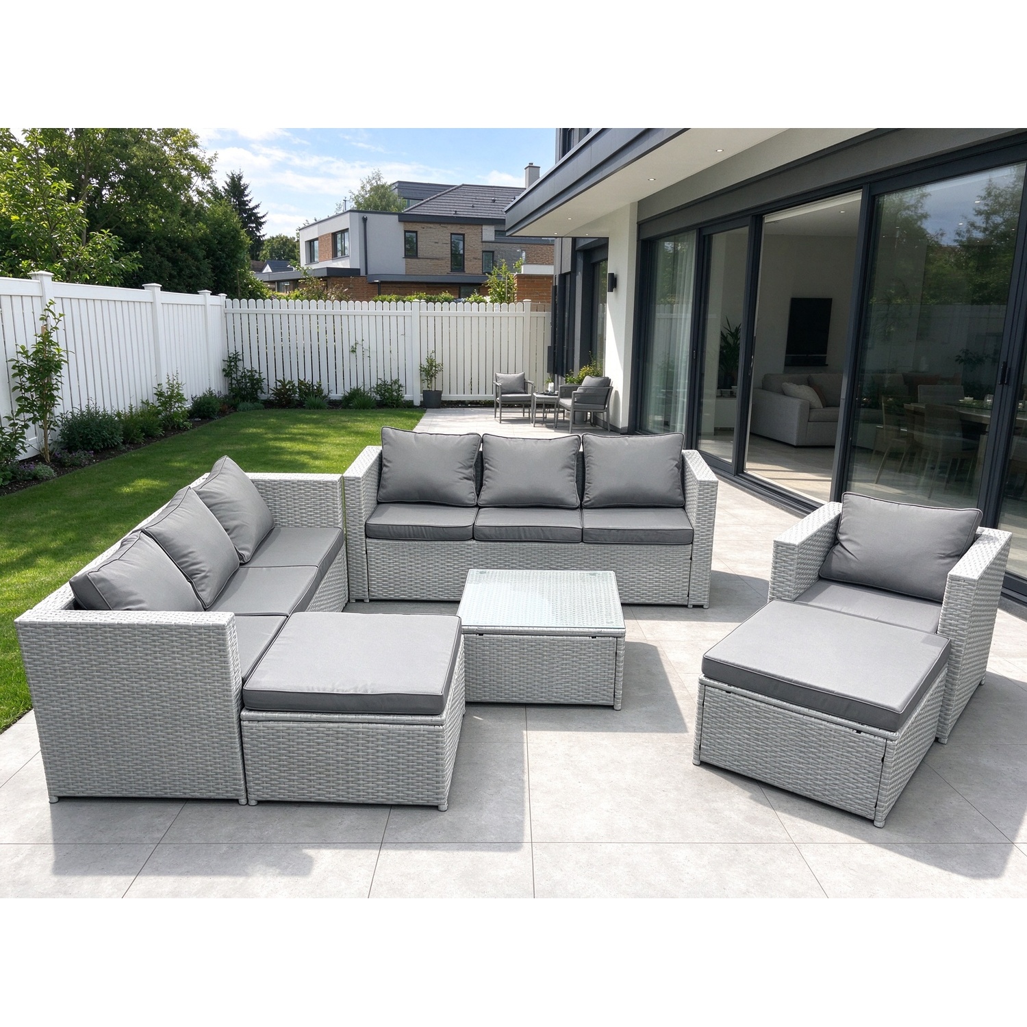 Fimous Light/Grey Wicker Pe Rattan Sofa Garden Furniture Set With Armchair Square Coffee Table 2 Big Footstools Mixed - Image 2