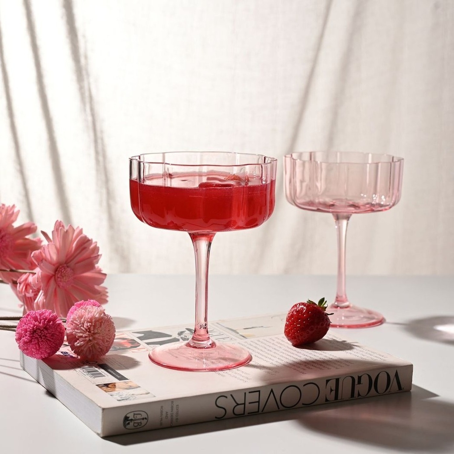 Hestia Set Of 2 Bright Pink Scalloped Martini Glass - Image 6