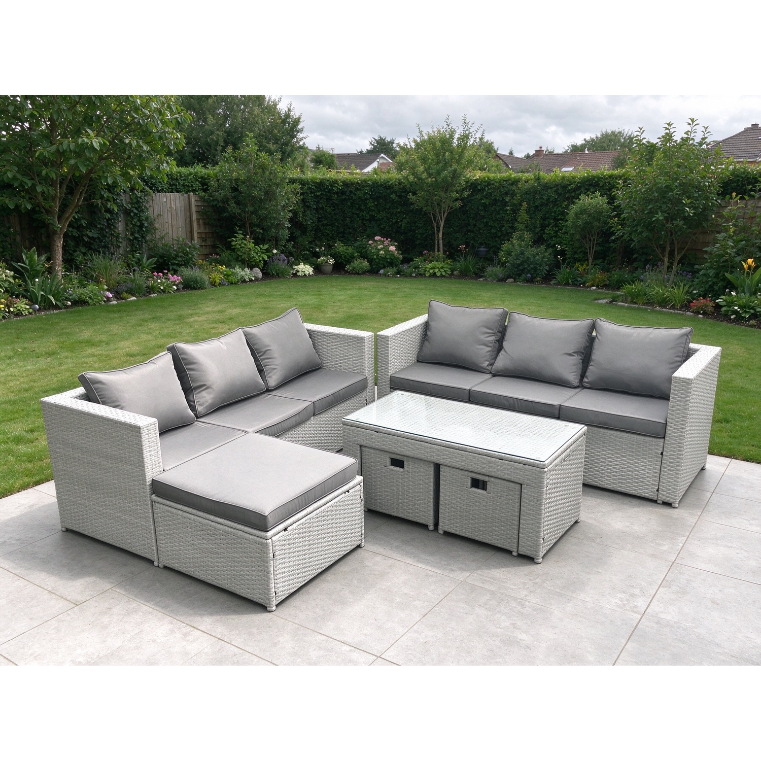 Fimous 9 Seater Garden Outdoor Rattan Furniture Set Rattan Garden Sofa Oblong Coffee Table With 3 Footstools Light Grey Mixed - Image 3