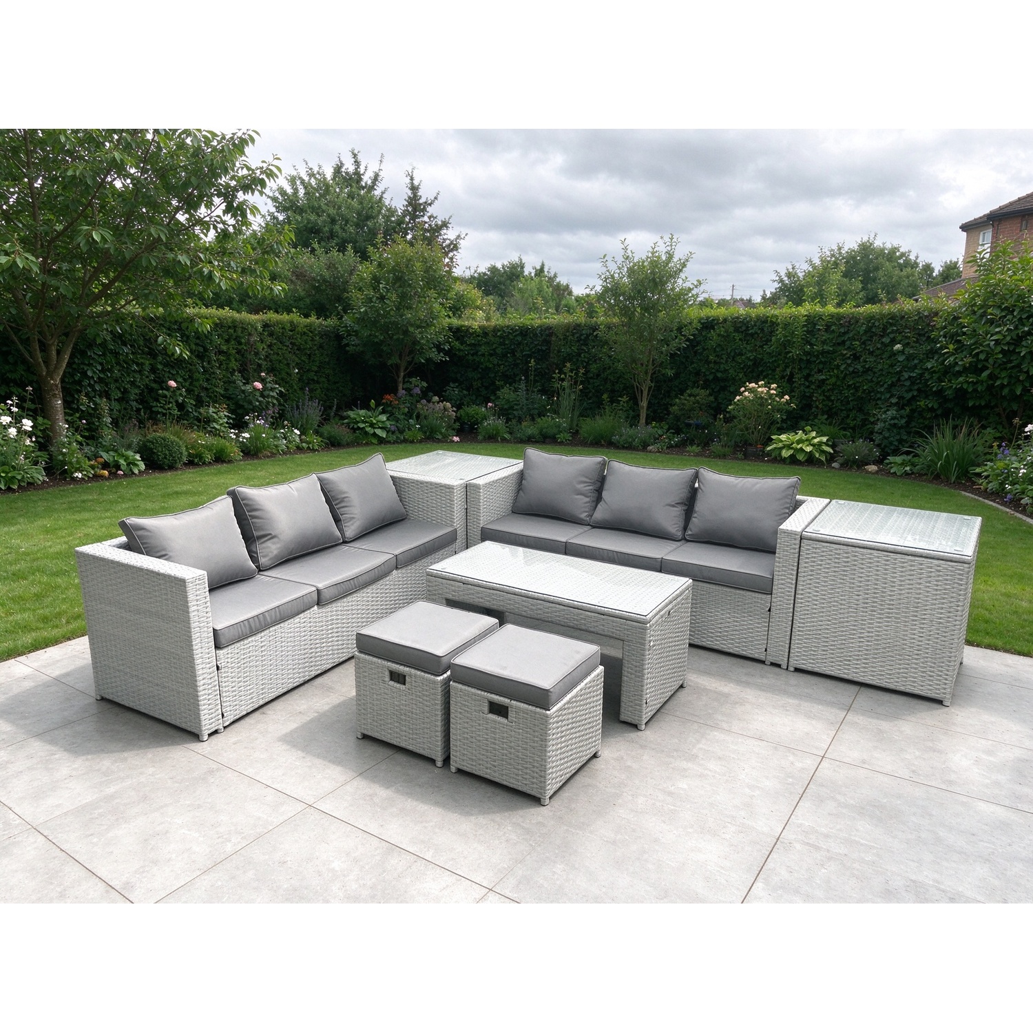 Fimous 8 Seater Garden Outdoor Rattan Furniture Set Rattan Garden Sofa Oblong Coffee Table With 2 Small Footstool 2 Side Tables Light Grey Mixed - Image 3