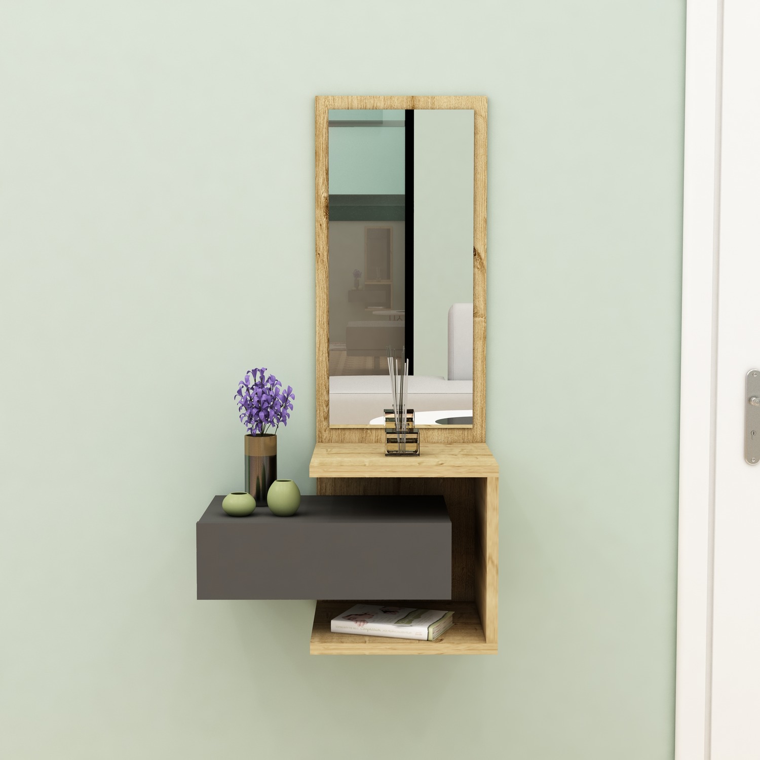 Console Table Dresser with Drawer and Mirror Riveno - Sapphire Oak - Anthracite
