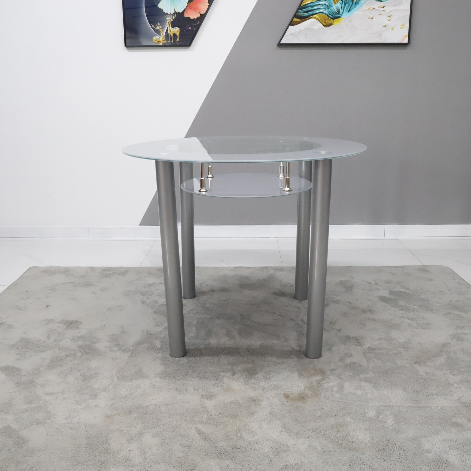 Round Glass Grey Dining Table With Storage Shelf And 4 Grey Metal Chairs Set - Grey