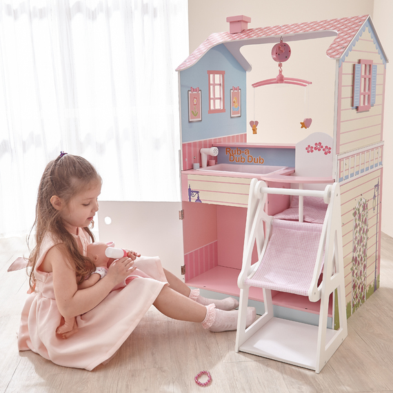6-in-1 Wooden Changing Station Doll House for Baby Dolls