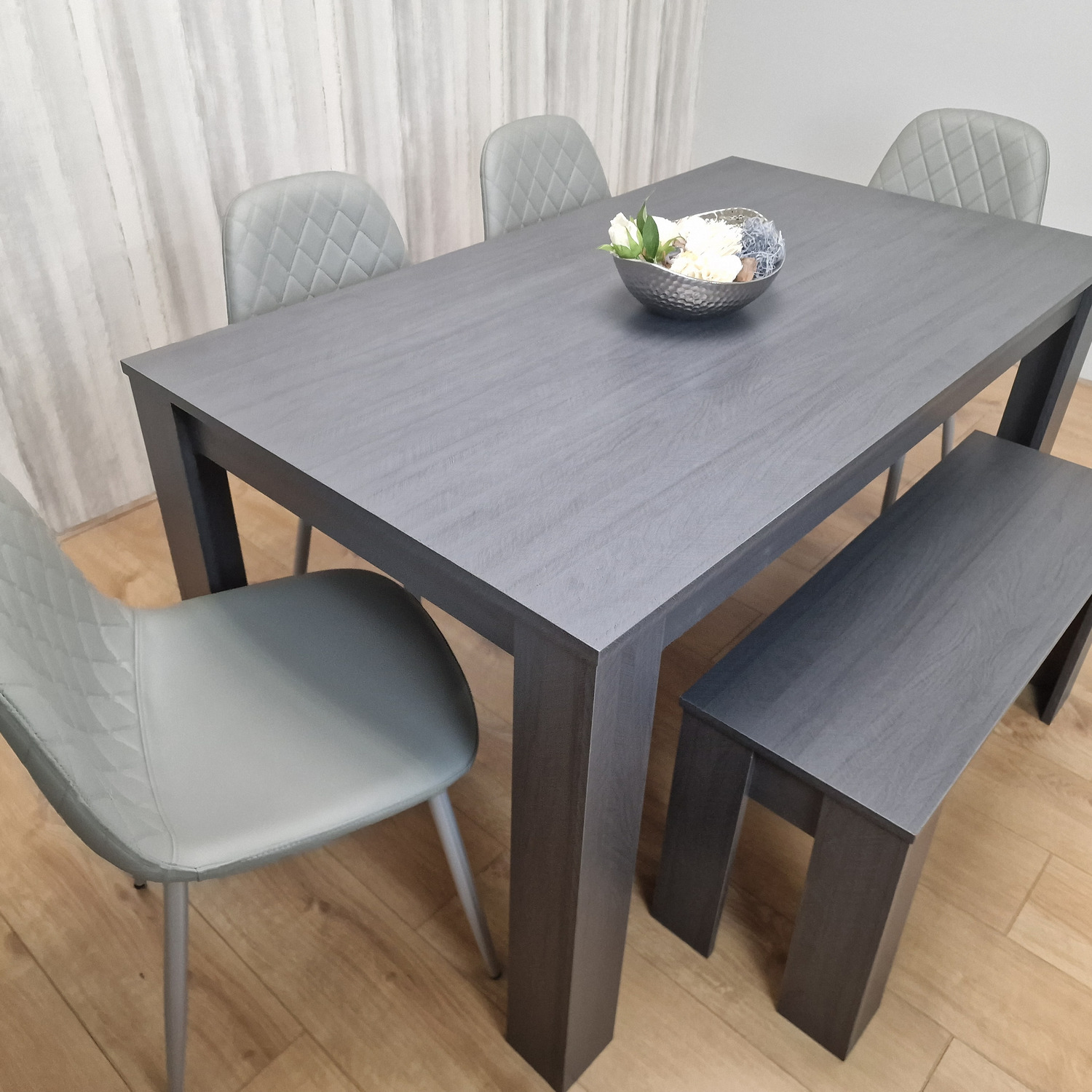 KOSY KOALA - Dark Grey Dining Table with 4 Diamond Stitched Grey Chairs and 1 Bench - Dark Grey thumbnail