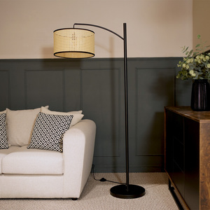 Preto Curved Floor Lamp with Cane Drum Shade