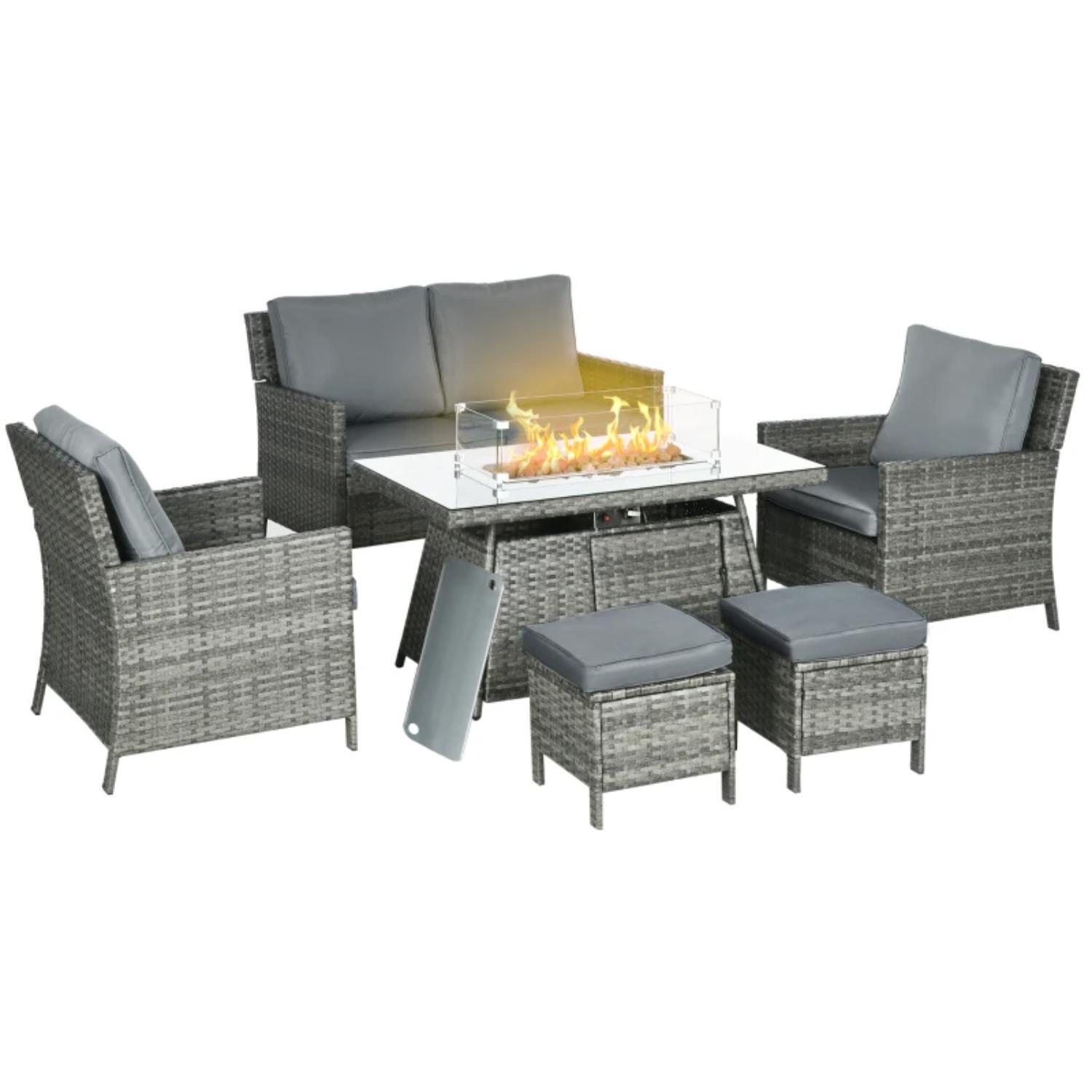 6 Seater Fire Pit Table Rattan Set - Grey