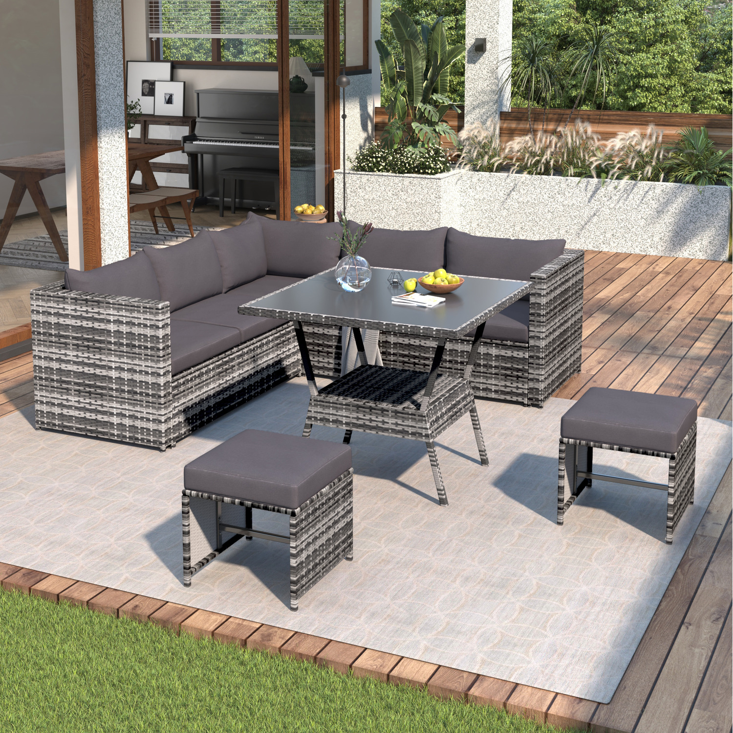 7 Seater Rattan Outdoor Garden Corner Sofa Set Patio Dining Set - Grey
