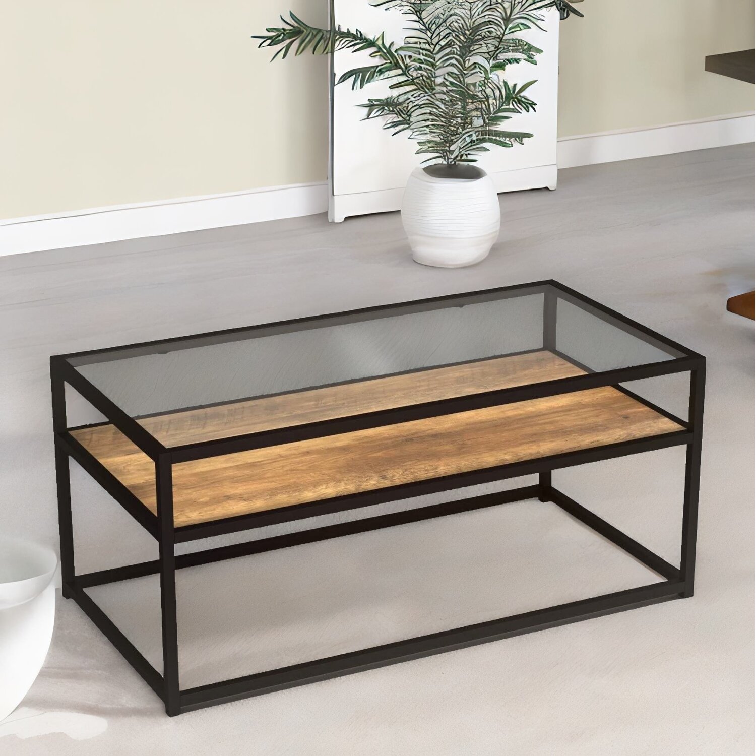 Glass Top Coffee Table With Steel Frame - Rustic Rustic