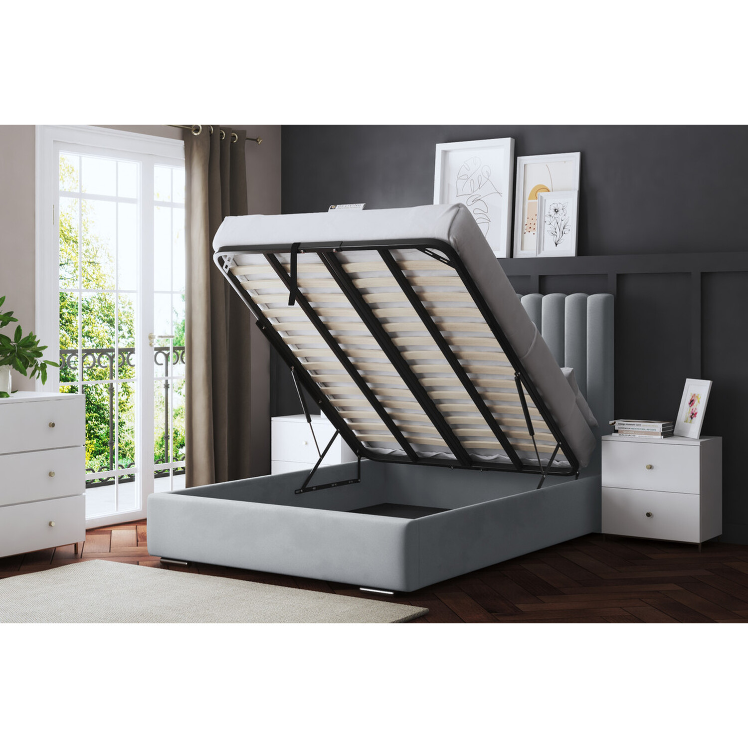 Evangeline Panel Ottoman Bed With Headboard - Silver Single