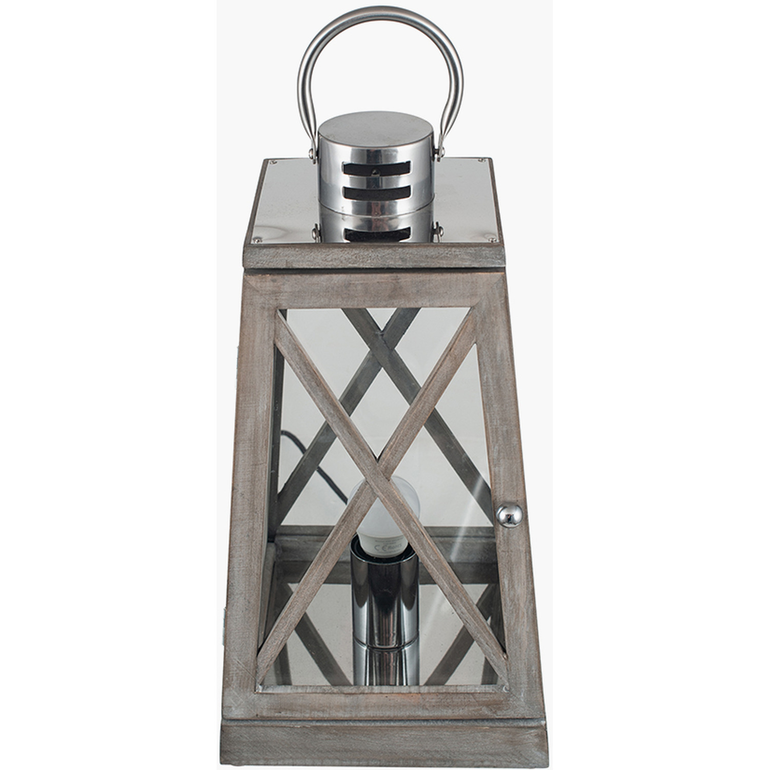 Rustic Wood And Chrome Lantern Table Lamp - Grey Wood And Chrome Metal