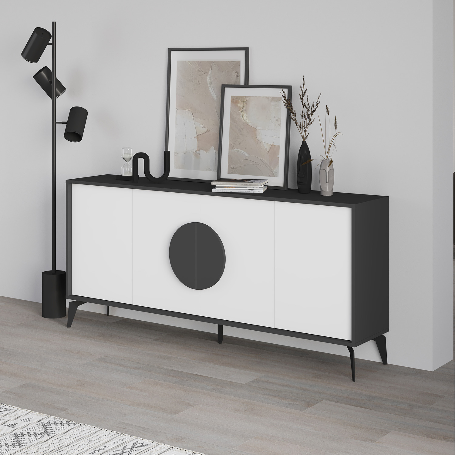 Decortie Gora 4 Door Sideboard Storage Cabinet With Metal Legs - Anthracite Grey - White