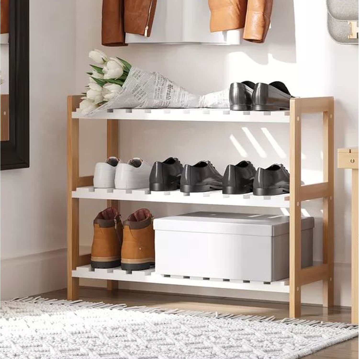 3-Tier Shoe Rack Slatted Wood Frame