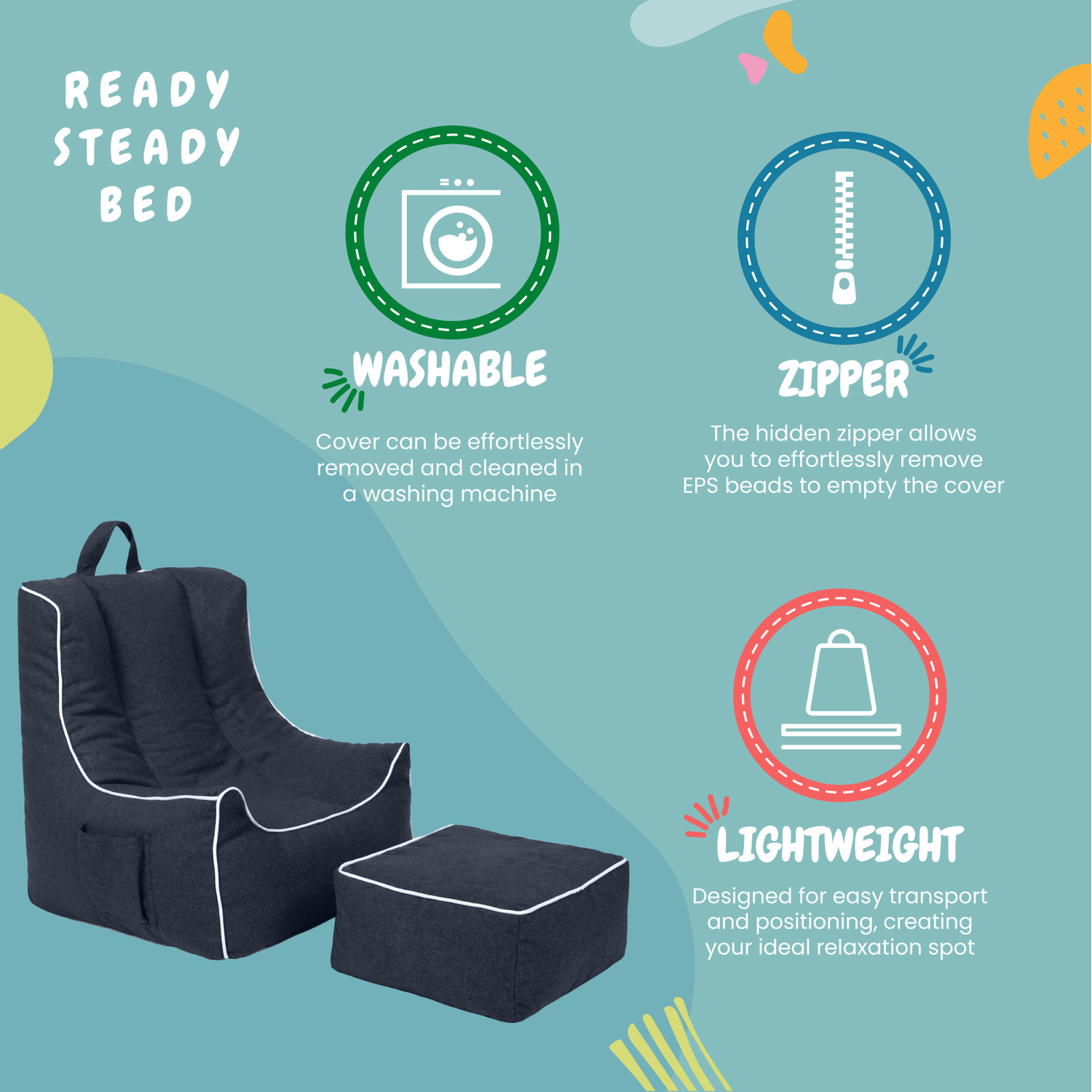 Kids Bean Bag Chair With Footstool - Indigo 54cm
