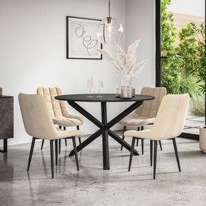 Malvern Round Black Dining Table Set w Black Oak Legs w 4-6 Nova Velvet Chair