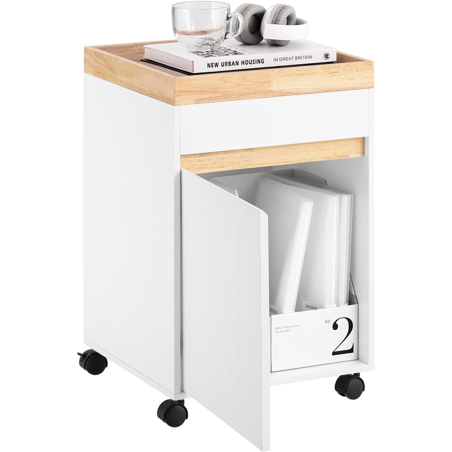 Office Filing Cabinet With Removable Tray - White And Natural