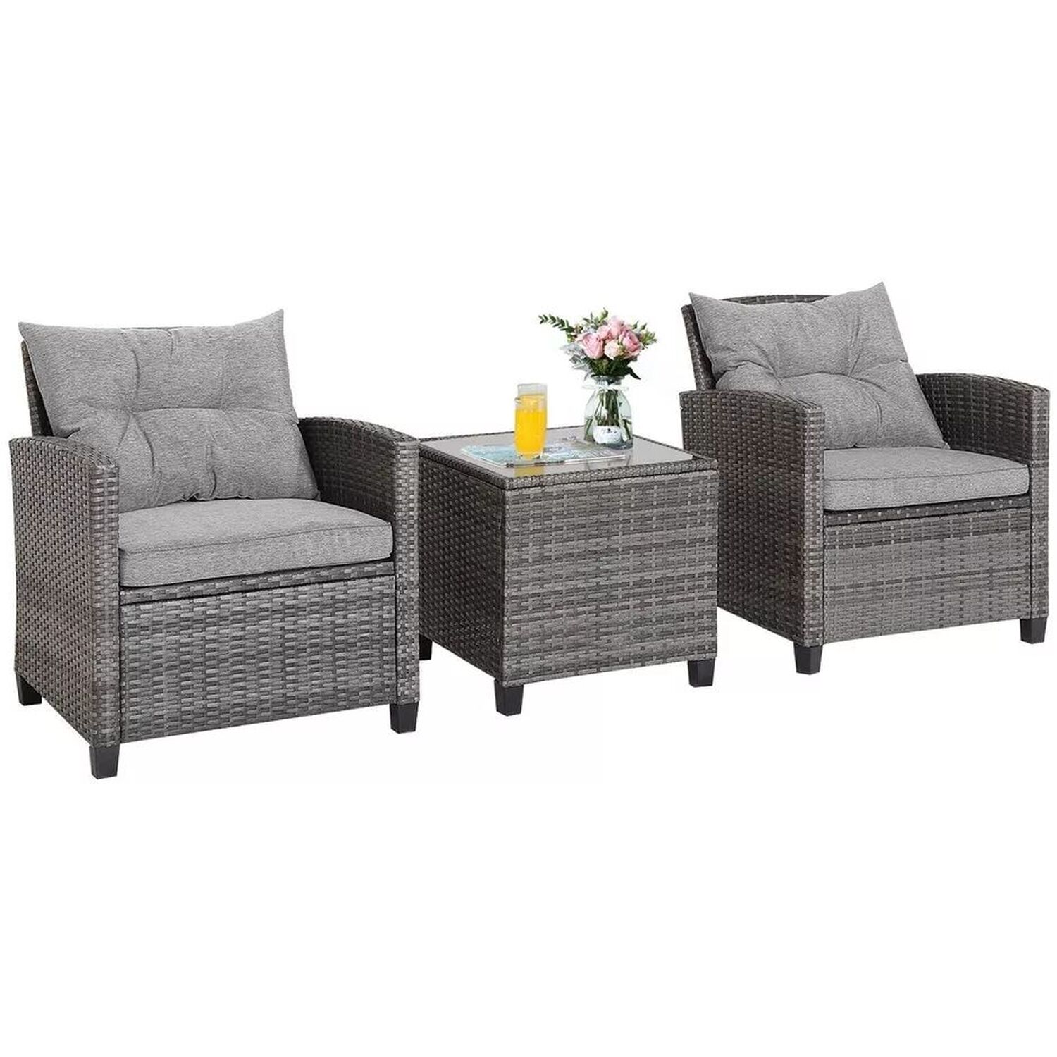 Modern 3 Piece Patio Rattan Bistro Set - Grey