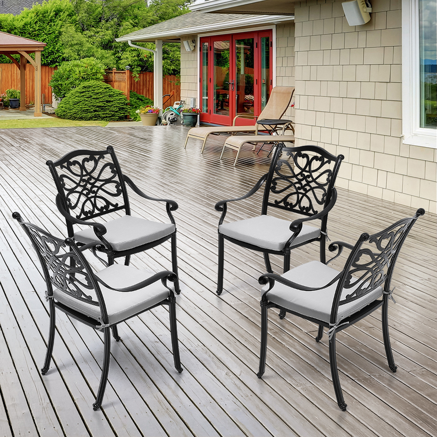 Set Of 4 Outdoor Cutout Garden Chairs With Cushions - Black