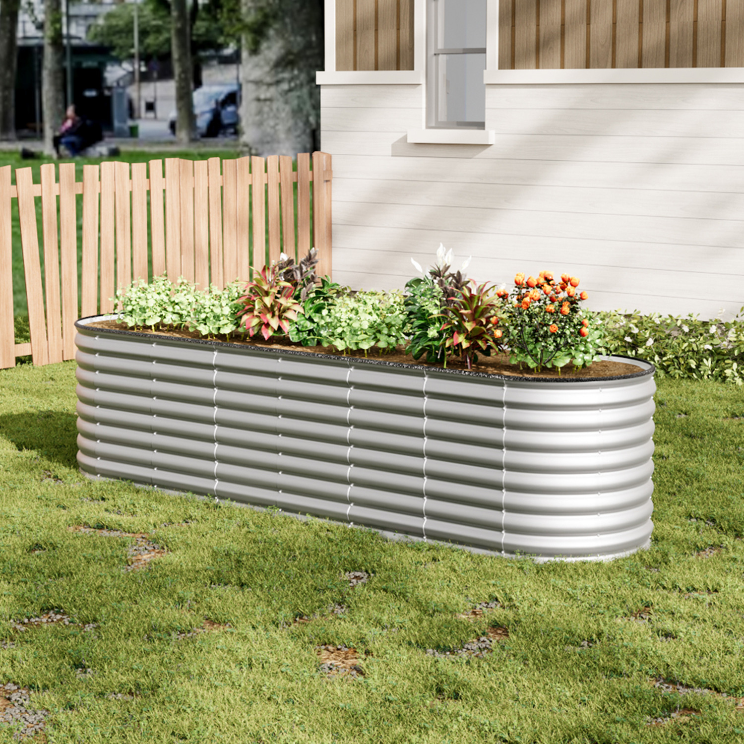Oval Metal Flower Bed 320*80*80cm - Silver