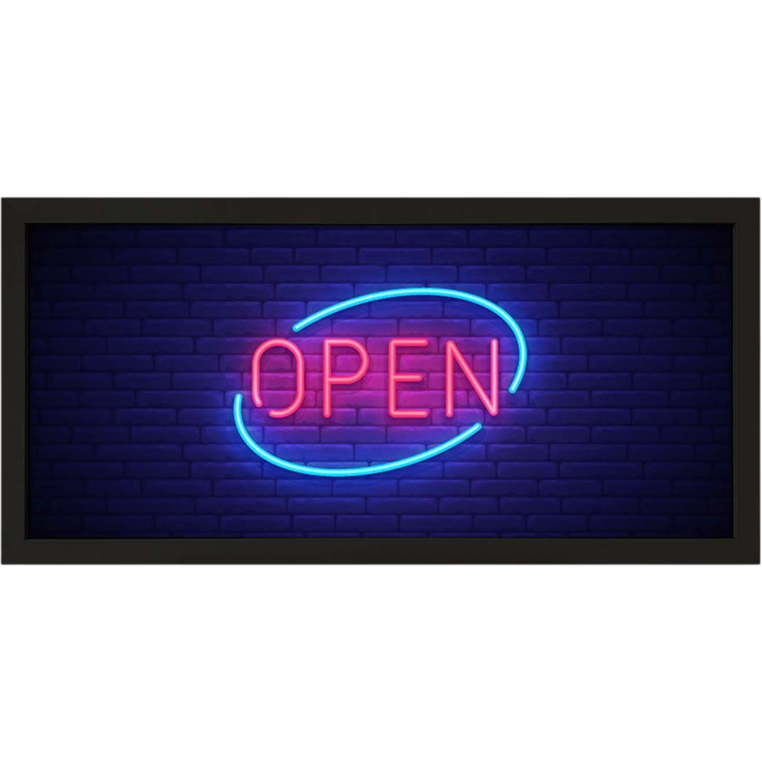 Wall Art Framed Print Open Neon Sign - Black