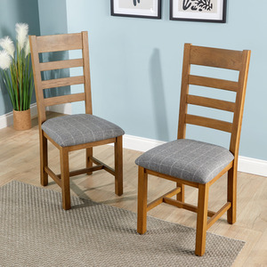 Smoked Oak / Slatted Back Pair of Holcombe Smoked Oak Dining Chairs Grey Check Fabric Seat shot 9445212