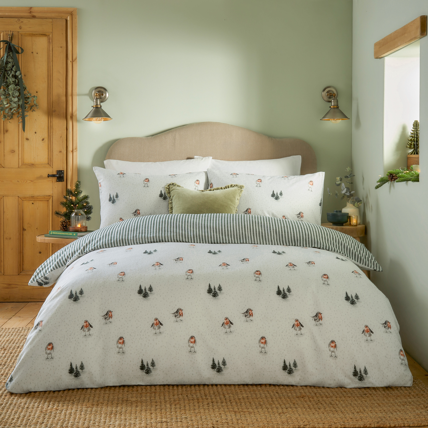 Robin S Return Brushed Cotton Duvet Cover Set King - Cream Pine