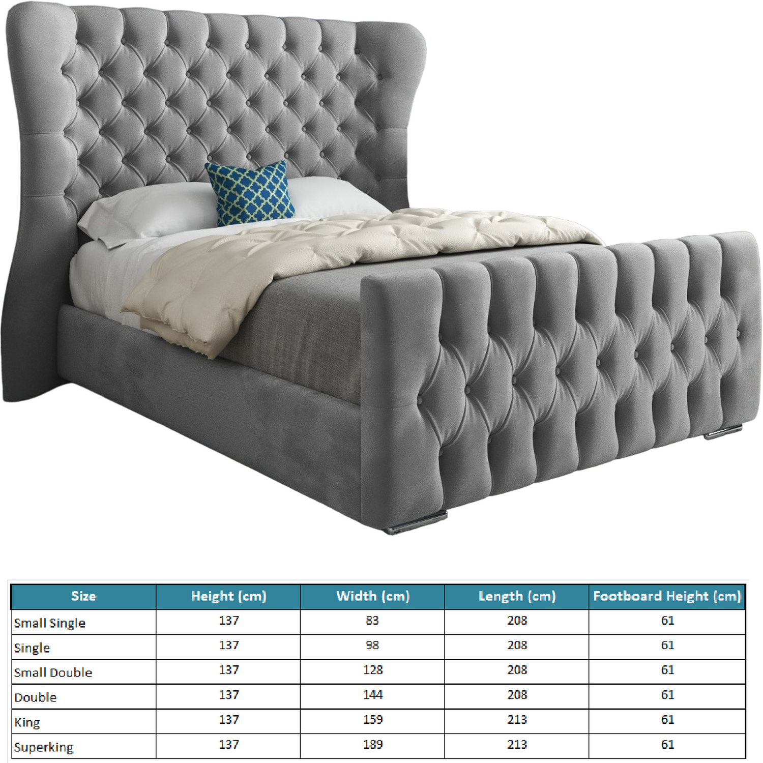 Lika Soft Velvet Upholstered Wide Curved Winged Bed Frame - Grey Small Single