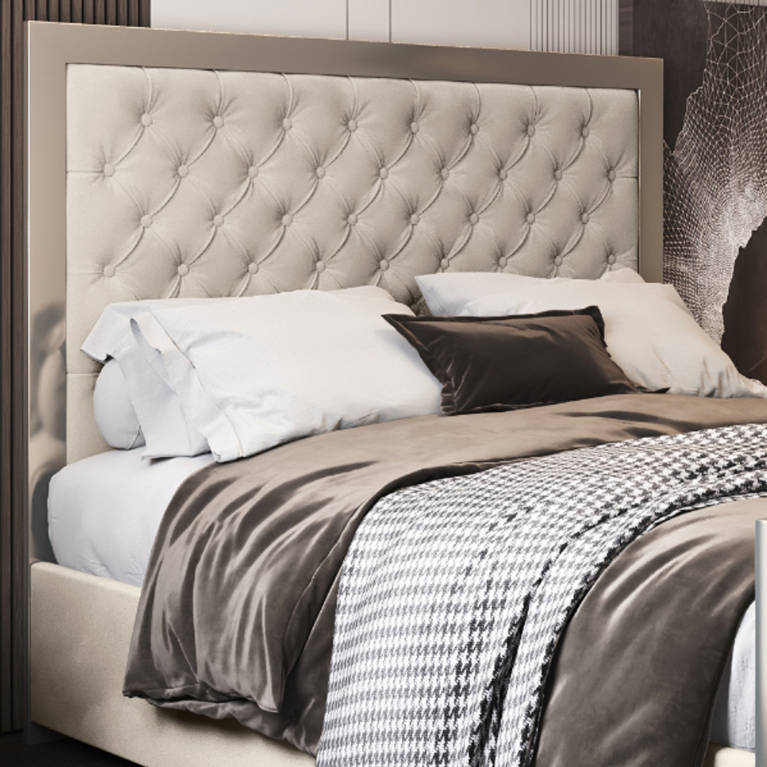 Emia Upholstered Velvet Metal Bed Frame - Cream King