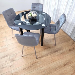Dining Table Round Glass and 4 Grey Velvet Chairs