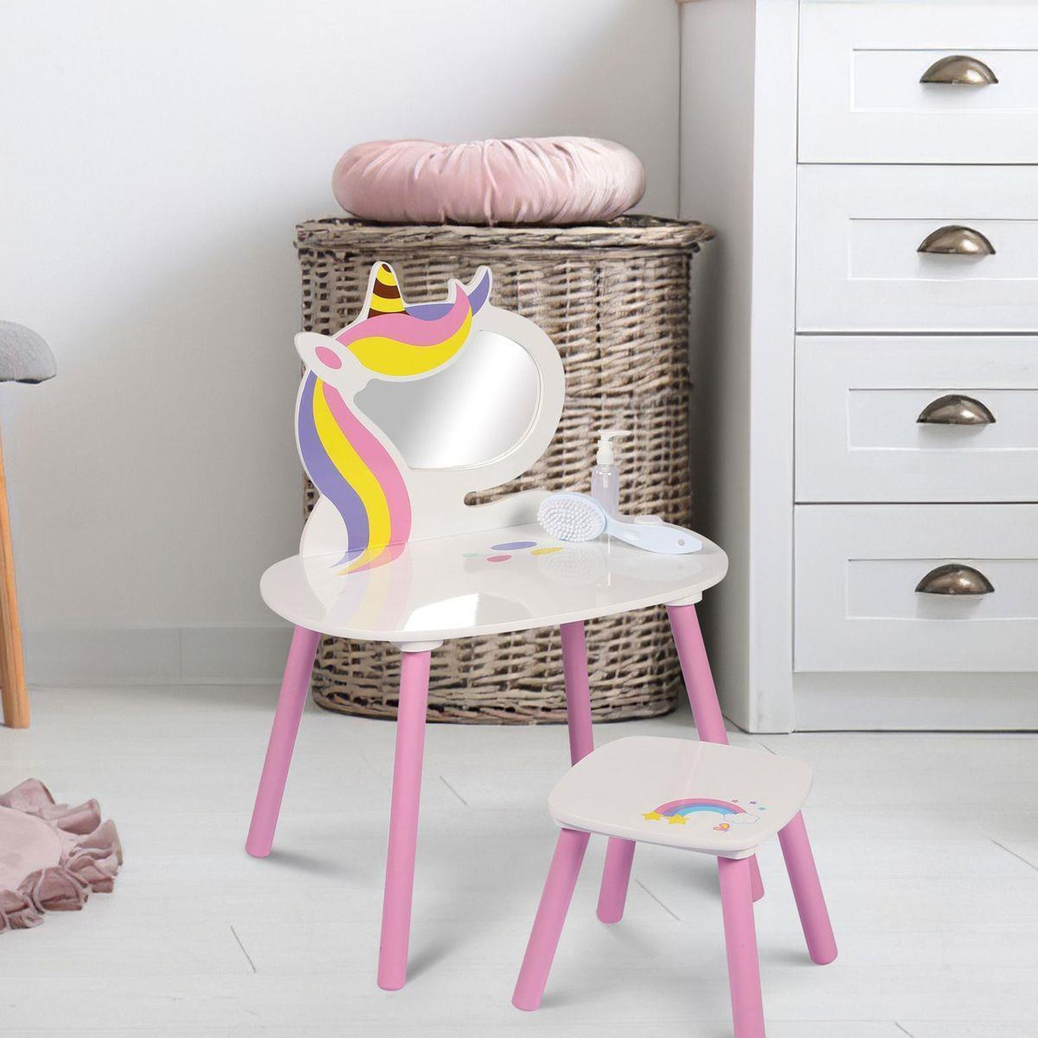 Unicorn Themed Vanity Table Set With Mirror And Stool - Pink