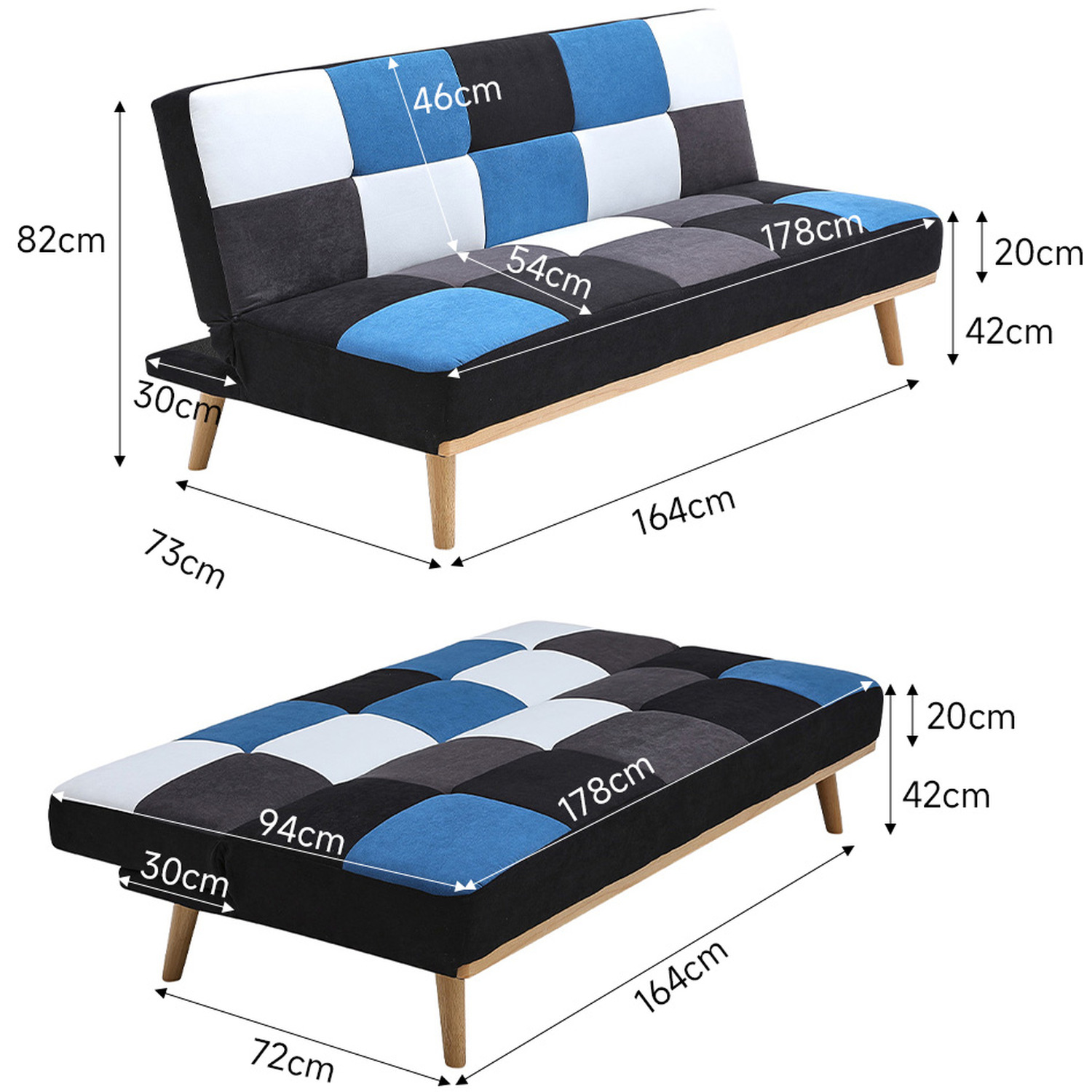 Patchwork Fabric 3-seater Sofa Bed - Blue