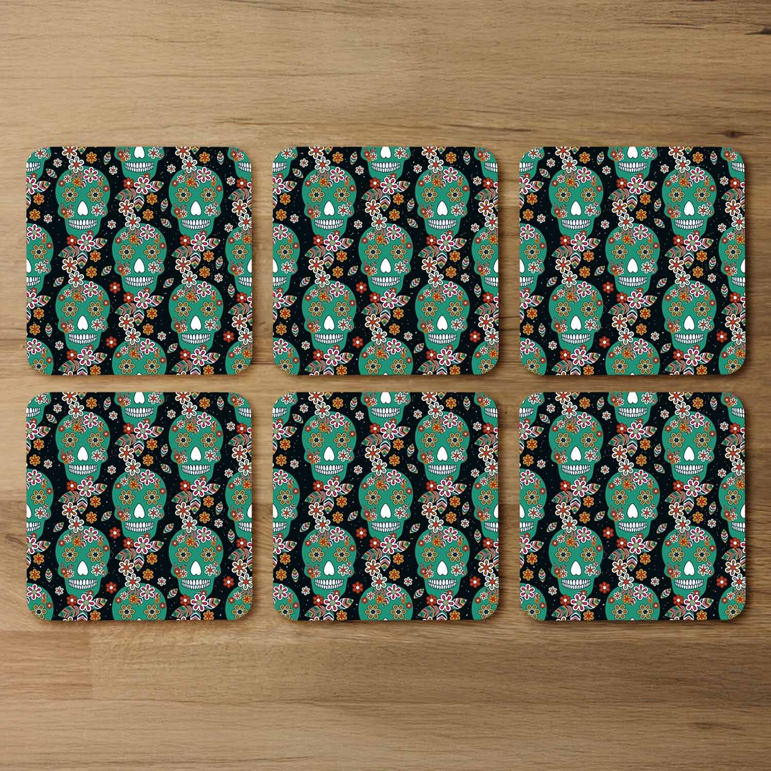 Embroidery Colorful Simplified Ethnic Flowers And Skull Pattern Coaster - Green