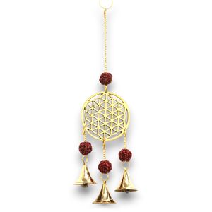 Indian Chimes Brass Flower of Life with Rudraksha Beads 3 Bells Gold