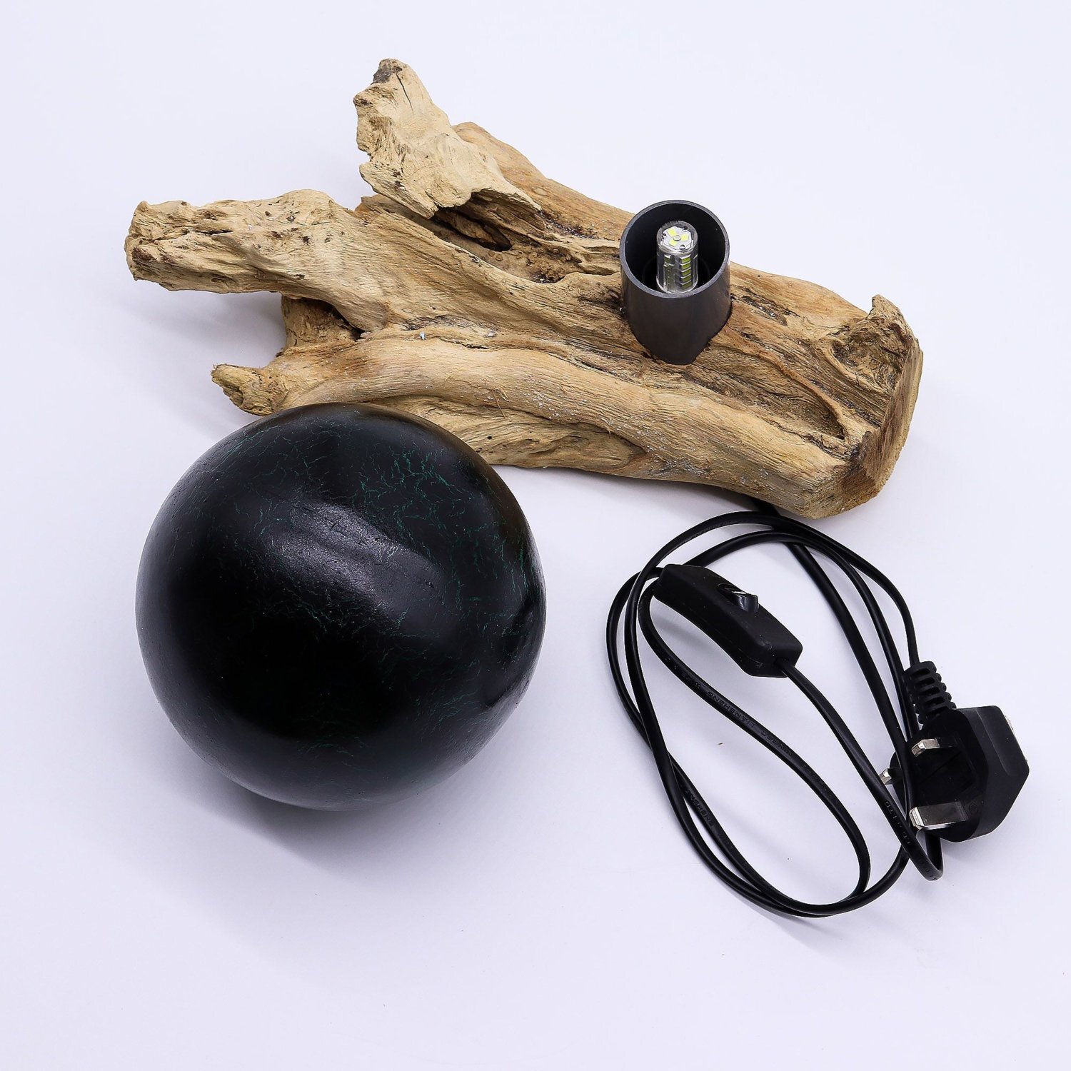 Emerald DriftGlow Lamp with Crackle Shade Driftwood Base - Green