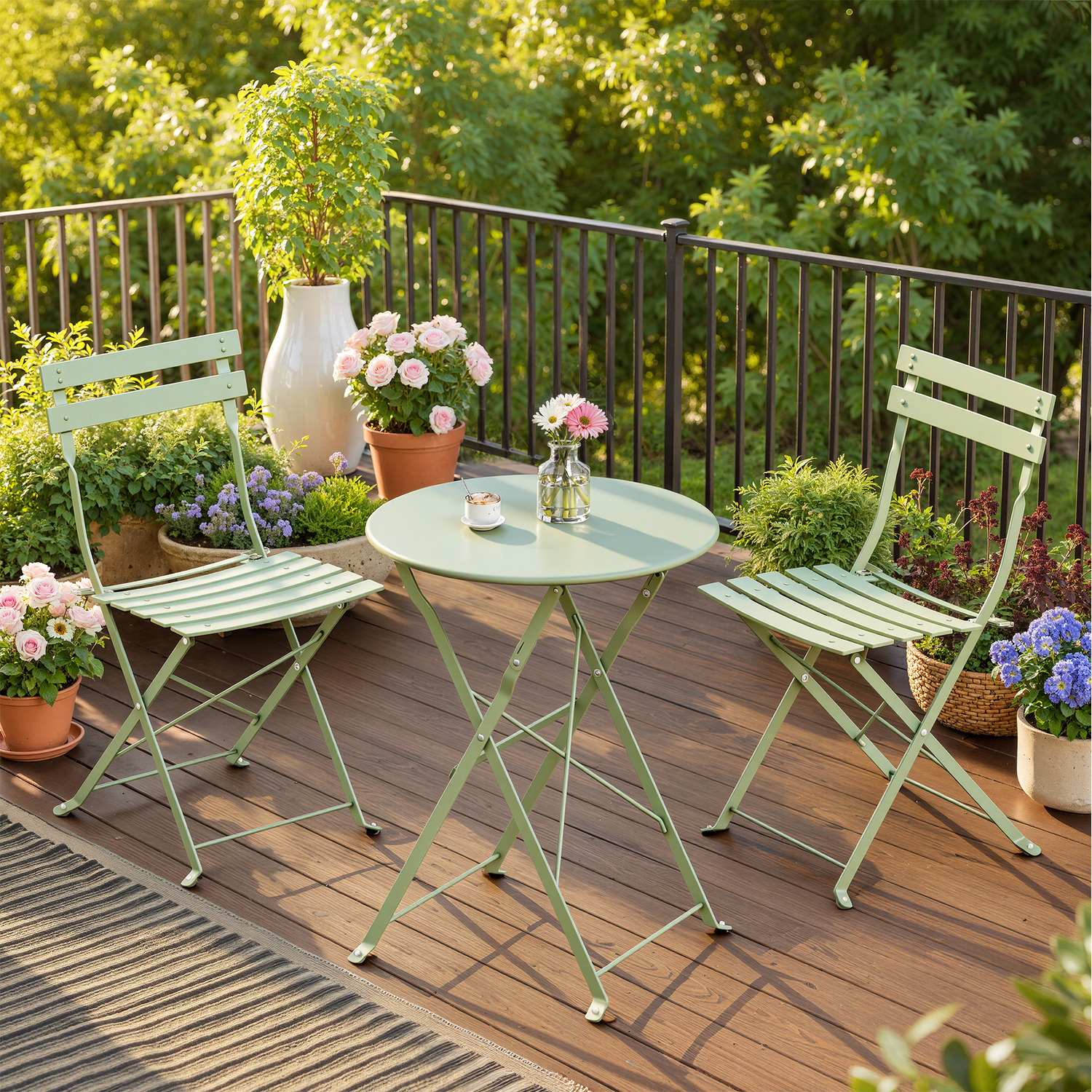 Patio Table and Chairs Set, 3-Piece Folding Bistro Furniture, for Garden - Green