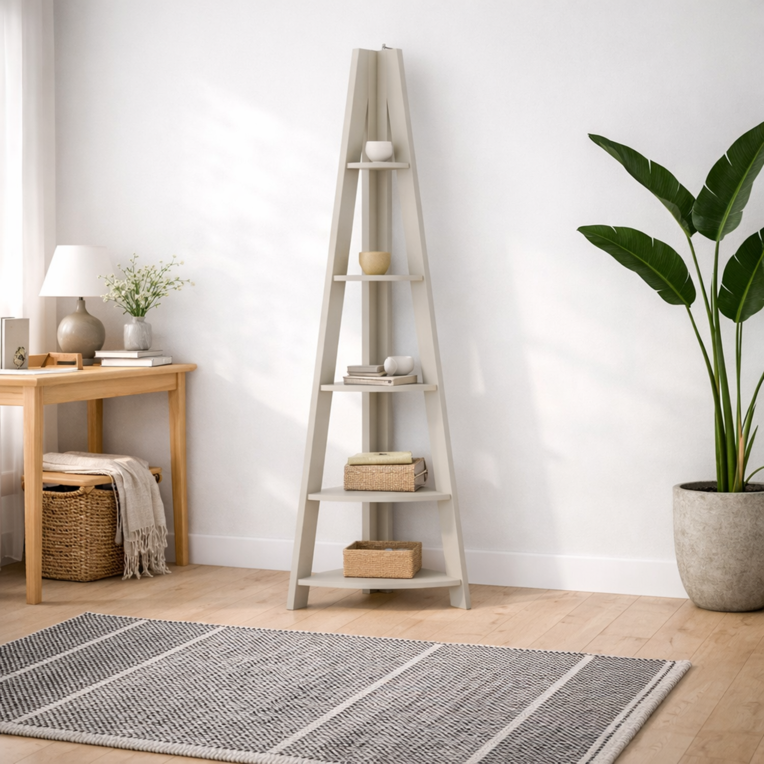 Athy Grey Corner Ladder Shelf Unit, 4 Shelves - Grey