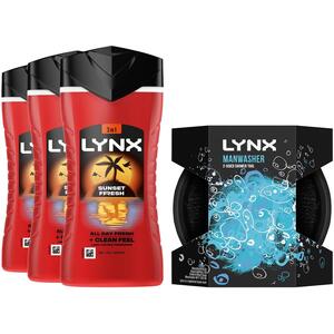 Lynx Sunset Fresh Body Wash 225ml, 3 Pack with Lynx Manwasher 2-Sided Shower Tool