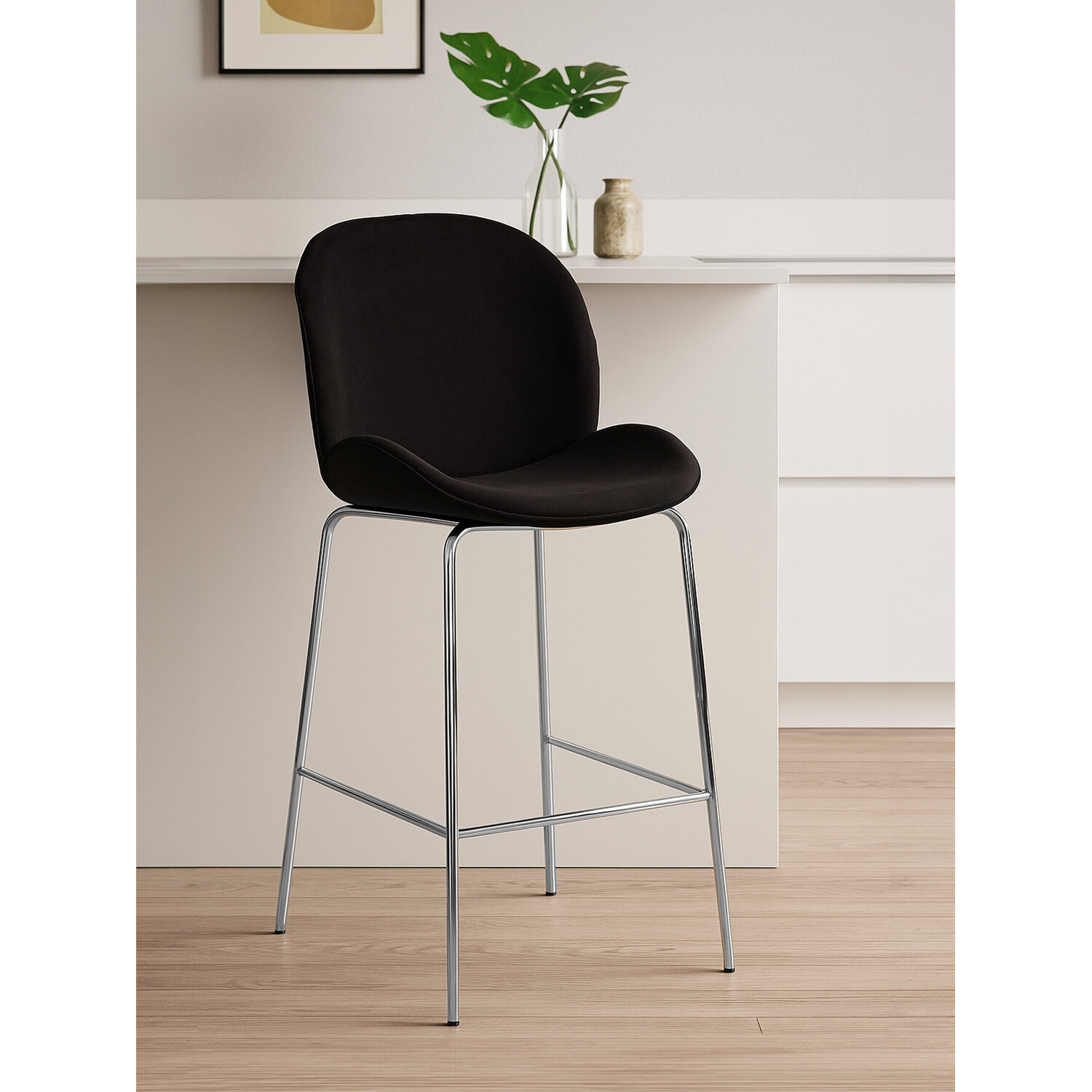 Tamzin Black Velvet Chrome Finish Bar Chair - Black