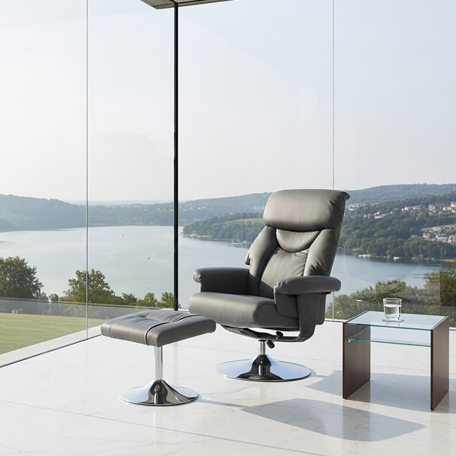 Denton Grey Leather Effect Reclining Chair And Footstool - Grey