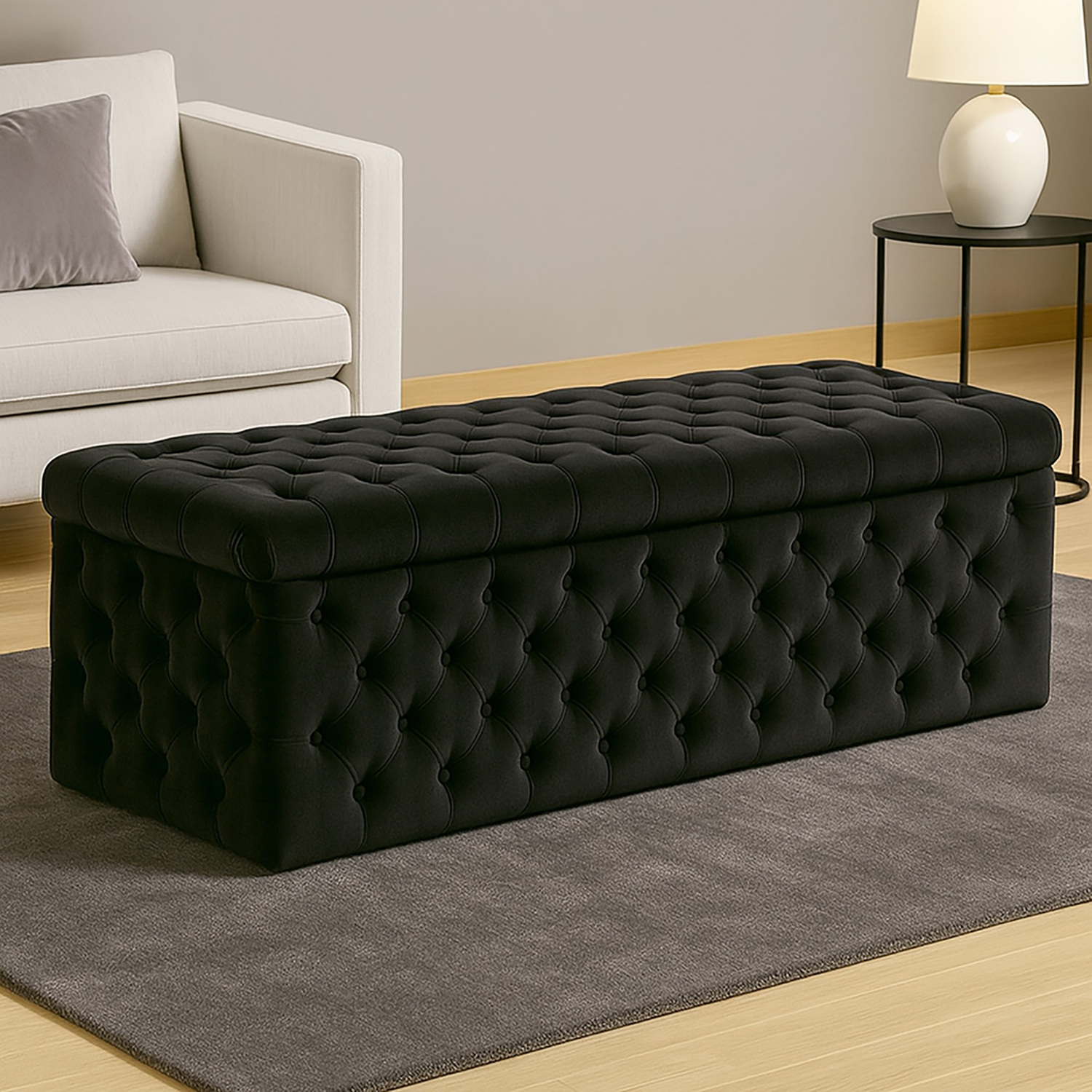 R&M Furnishers Wide Lux Ottoman Storage Box, Cream Velvet Upholstered Chesterfield Storage Ottoman Box - Black Plush Velvet