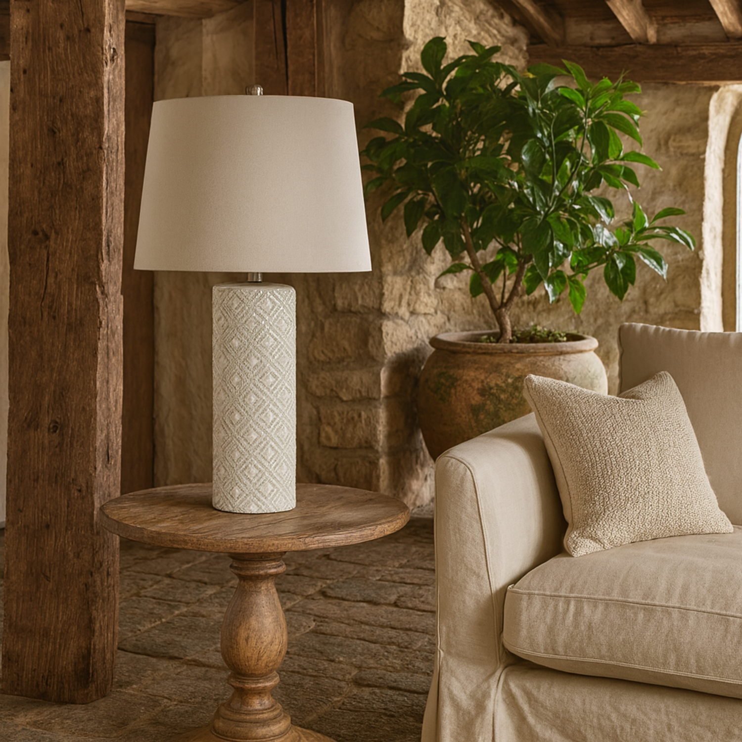 Wyld Haus Lautrec Ceramic Table Lamp With Beaded Geometric Base And Linen Shade - White