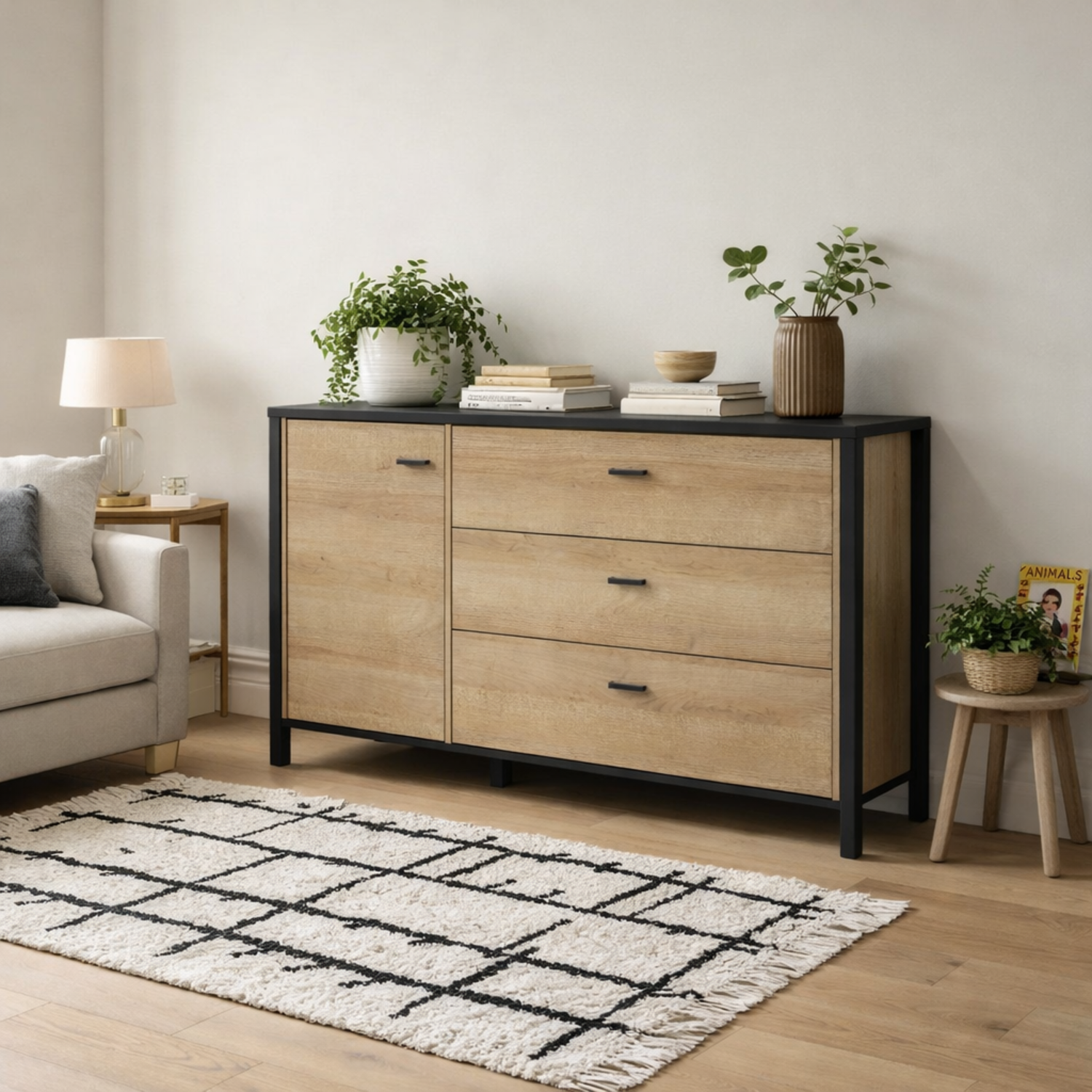 Egtved Sideboard Natural Effect 1 Door 3 Drawers - Black