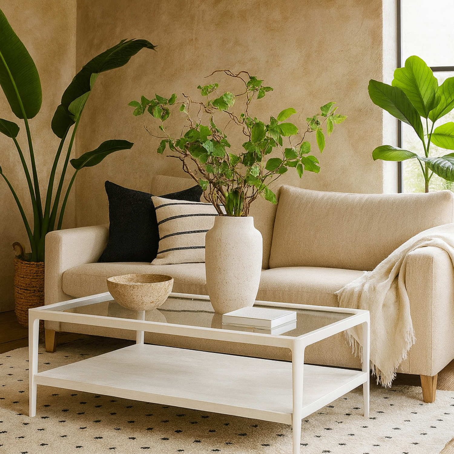 San Senastian Coffee Table Wood And Clear Glass - White
