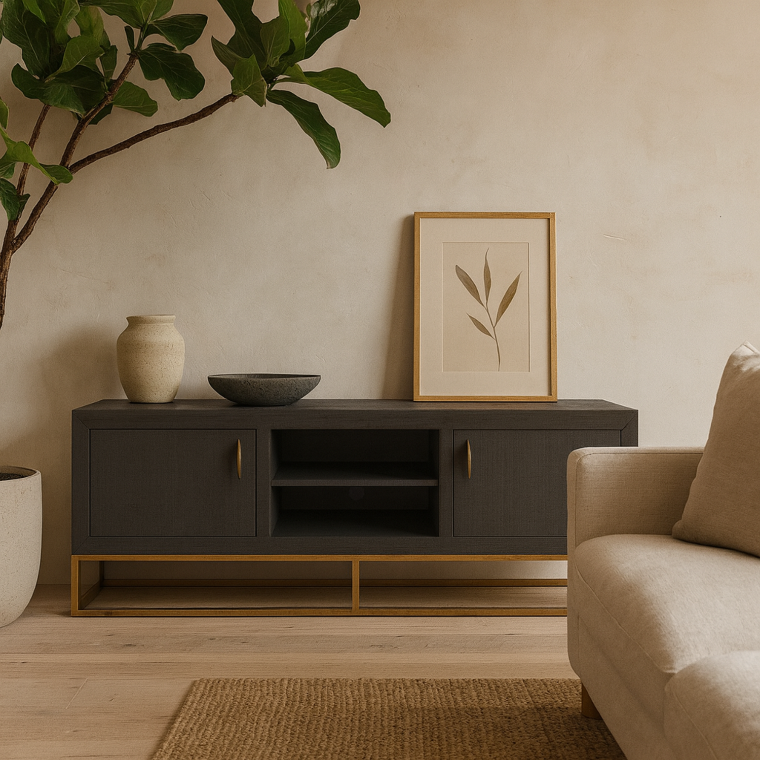 Mandalo Shagreen TV Unit with Brushed Brass Base and 2 Doors - Brown