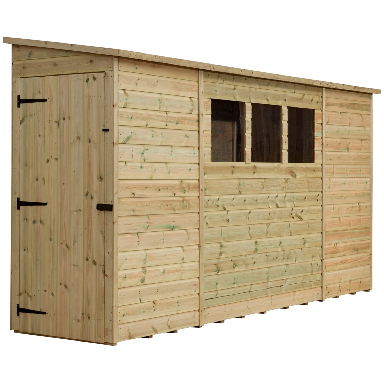 Empire 2800 12x3 Pent Garden Shed with a Single Door Both Side Panels & 3 Windows - Green