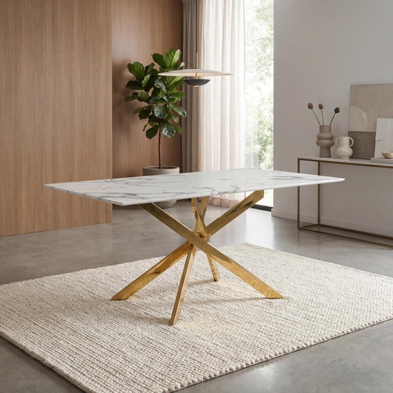 Valenza White Marble Effect Glass Dining Table with Gold Base