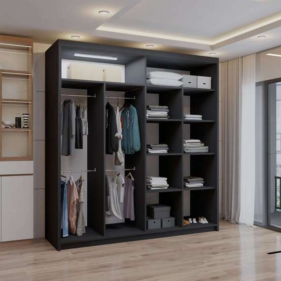 Sliding Door Wardrobe with Mirror, Shelves & Hanging Rails Modern Bedroom Furniture-White 203cm