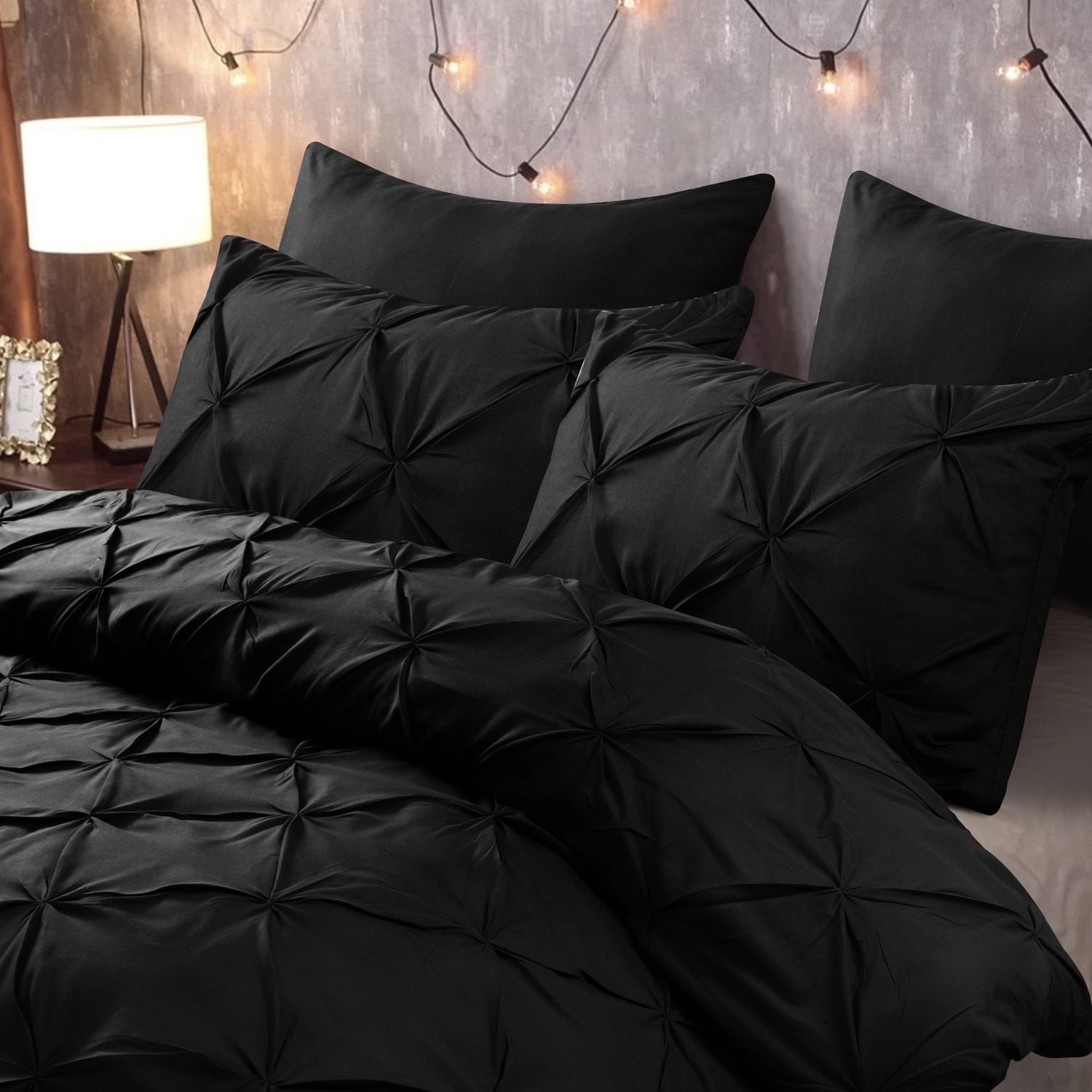 Elegant Pintuck Duvet Cover Set - Black Double