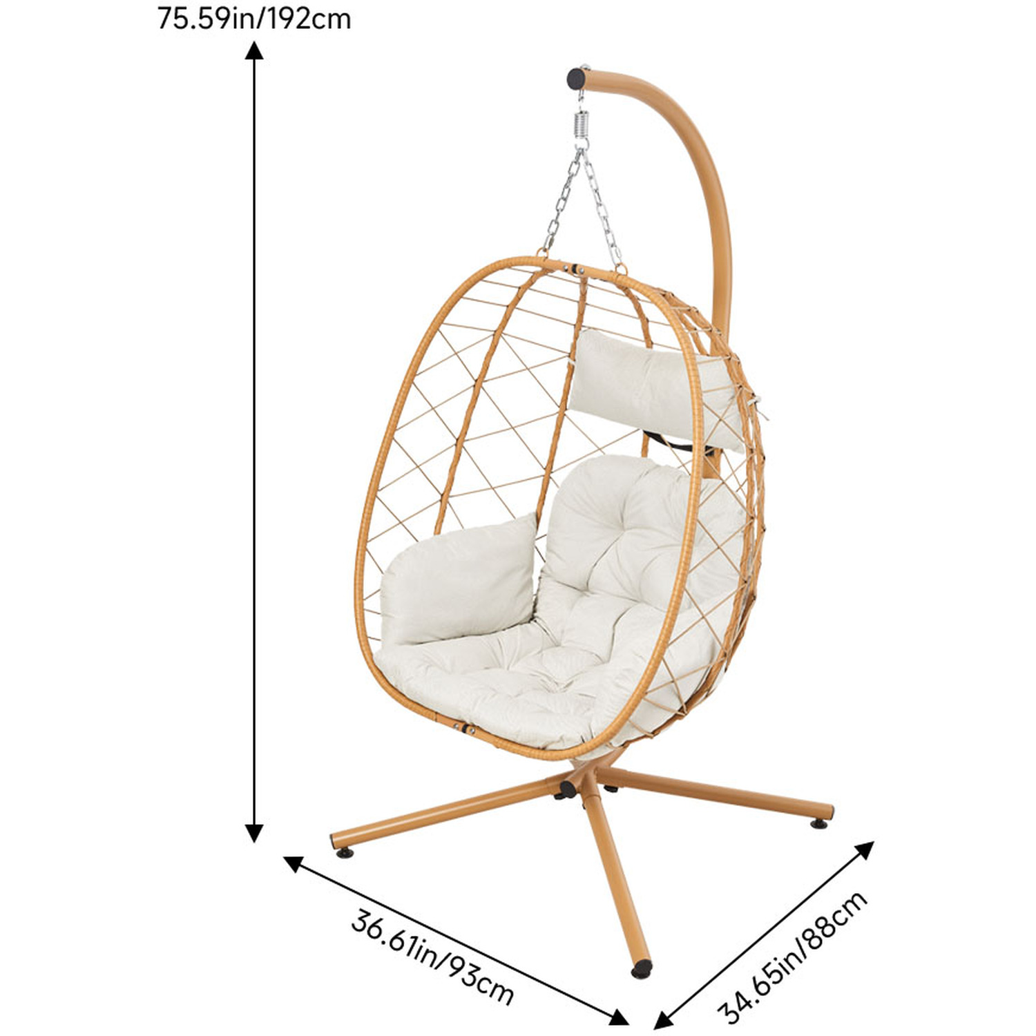 Hanging Egg Garden Swing Chair With Cushion And Headrest - Beige-yellow