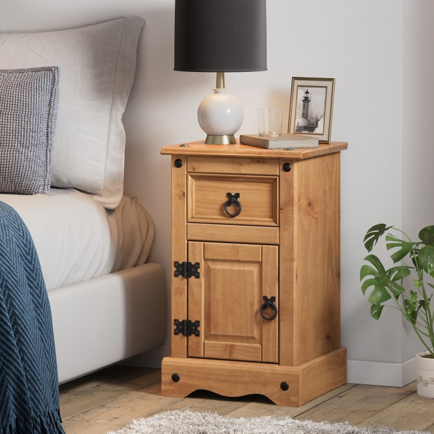 Corona Bedside Cabinet 1 Door 1 Drawer Narrow Pot Cupboard Wooden Pine Wood - Brown